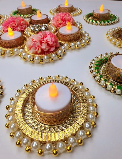 Gold & Green Wooden Rangoli Set with 10 Tealight Holders - Diwali Decoration - Image 2