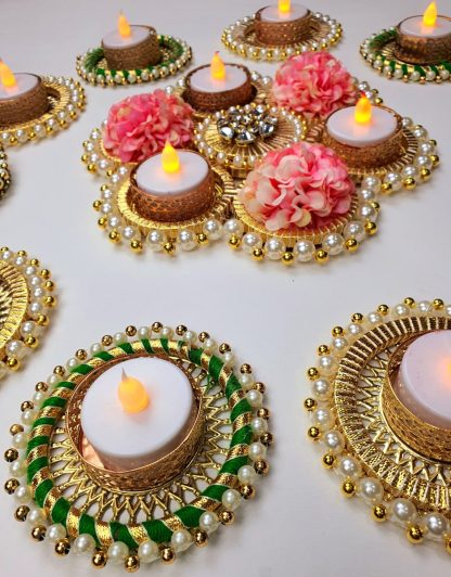 Gold & Green Wooden Rangoli Set with 10 Tealight Holders - Diwali Decoration - Image 3