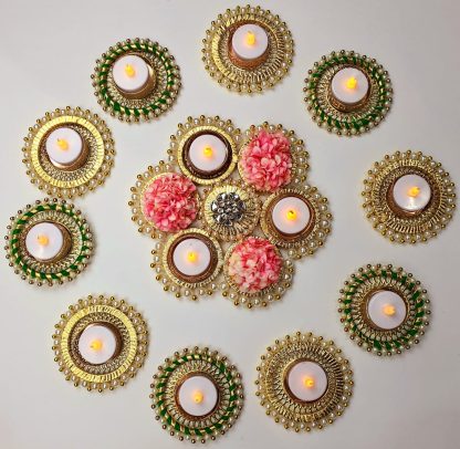 Gold & Green Wooden Rangoli Set with 10 Tealight Holders - Diwali Decoration - Image 7