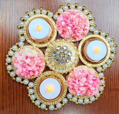 8 inch pink floral rangoli centerpiece with pearls and golden accents – handmade Diwali decoration