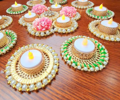 Gold & Green Wooden Rangoli Set with 10 Tealight Holders - Diwali Decoration - Image 5