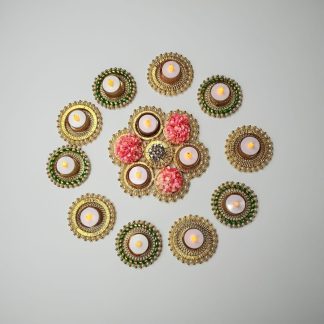 Gold and Green Wooden Rangoli Set with 10 Tealight Holders - Handmade Diwali Decoration