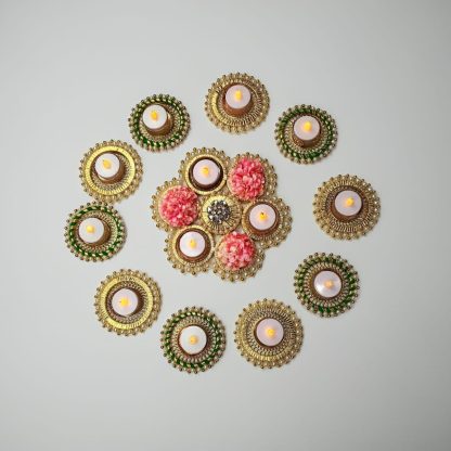 Gold and Green Wooden Rangoli Set with 10 Tealight Holders - Handmade Diwali Decoration