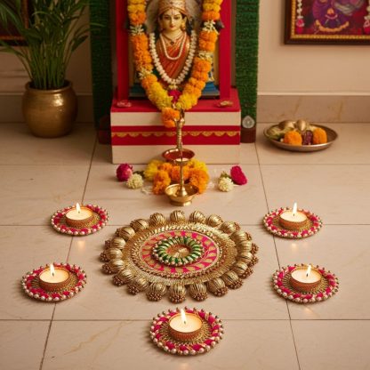 Gold & Pink Wooden Rangoli Set - Diwali Decor - Image 8