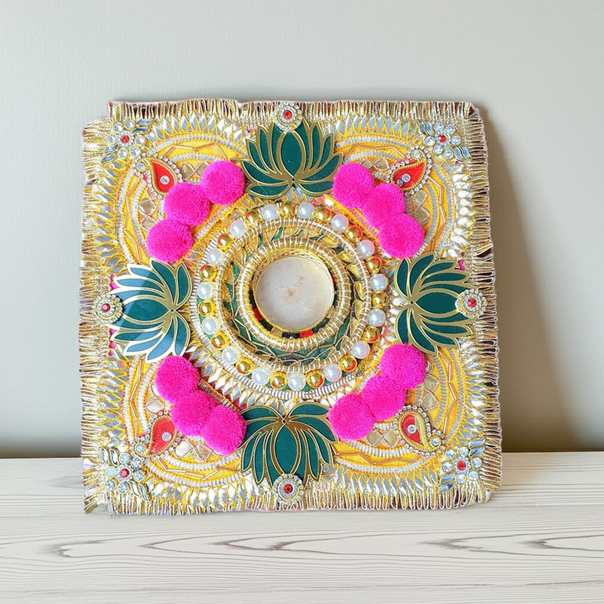 Handmade Diwali wooden Rangoli with Tealight Holders - Image 2