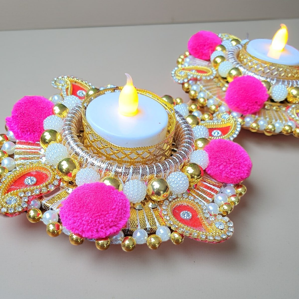 Handmade Diwali wooden Rangoli with Tealight Holders - Image 3