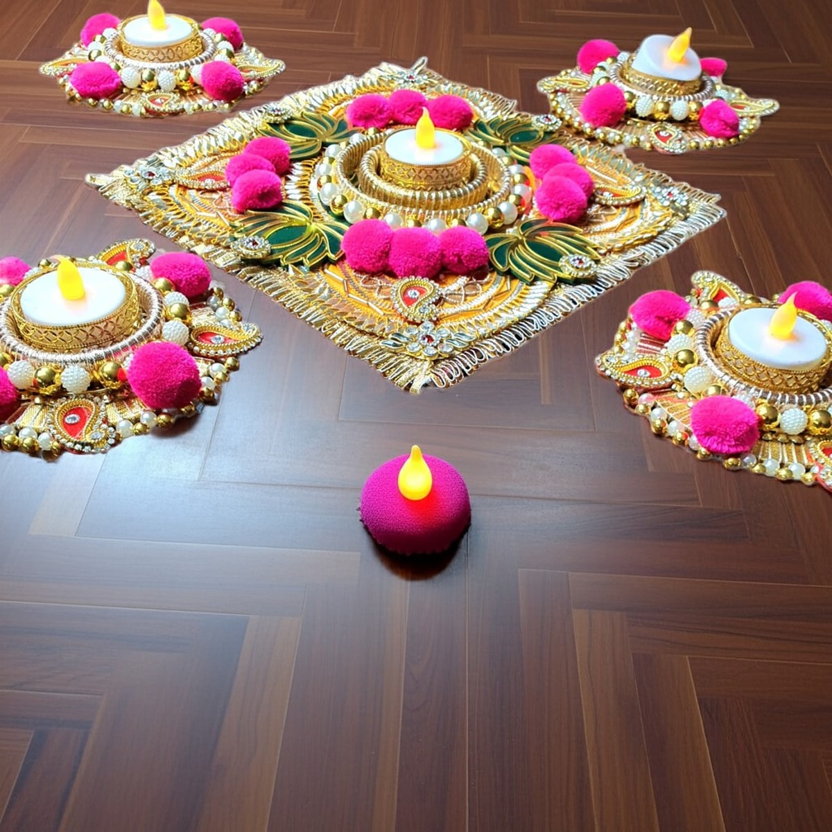 Handmade Diwali wooden Rangoli with Tealight Holders - Image 4