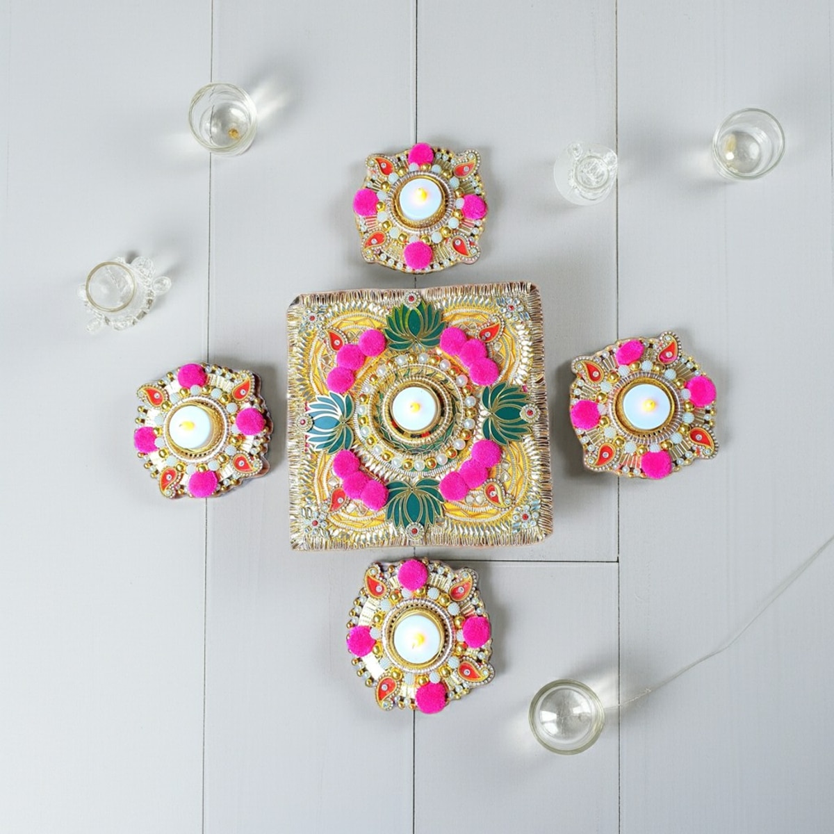 Handmade Diwali wooden Rangoli with Tealight Holders - Image 5