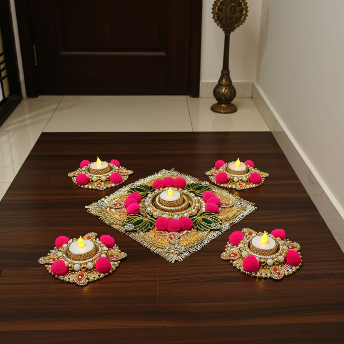 Handmade Diwali wooden Rangoli with Tealight Holders - Image 7