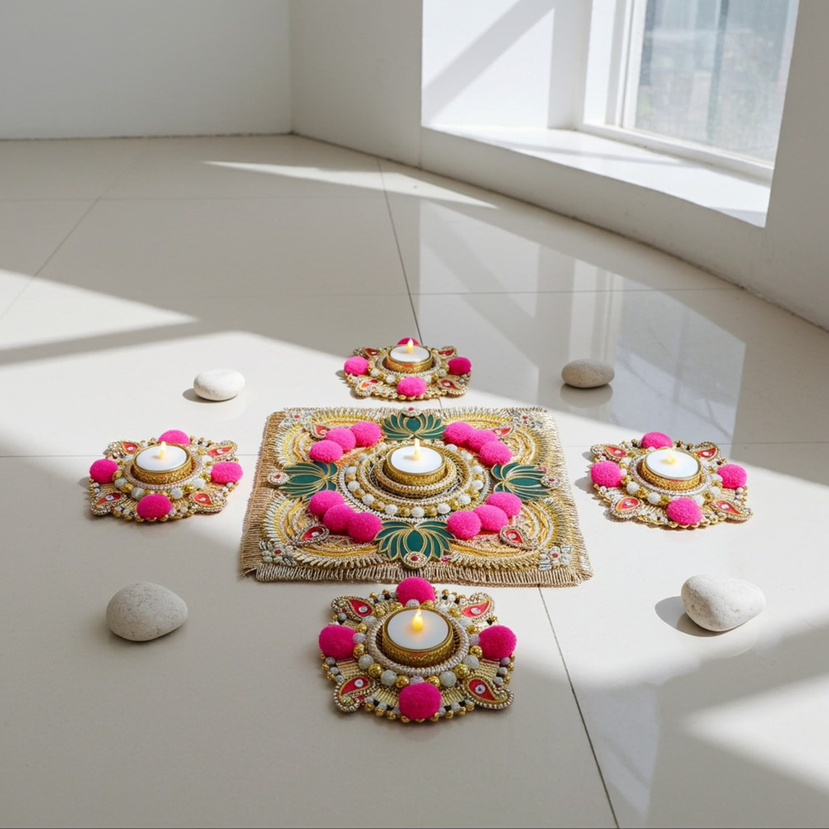 Handmade Diwali wooden Rangoli with Tealight Holders - Image 6