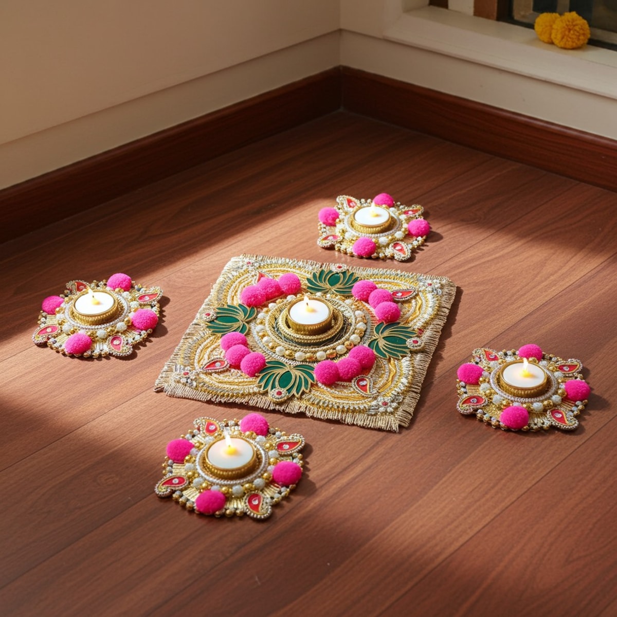 Handmade Diwali wooden Rangoli with Tealight Holders - Image 8