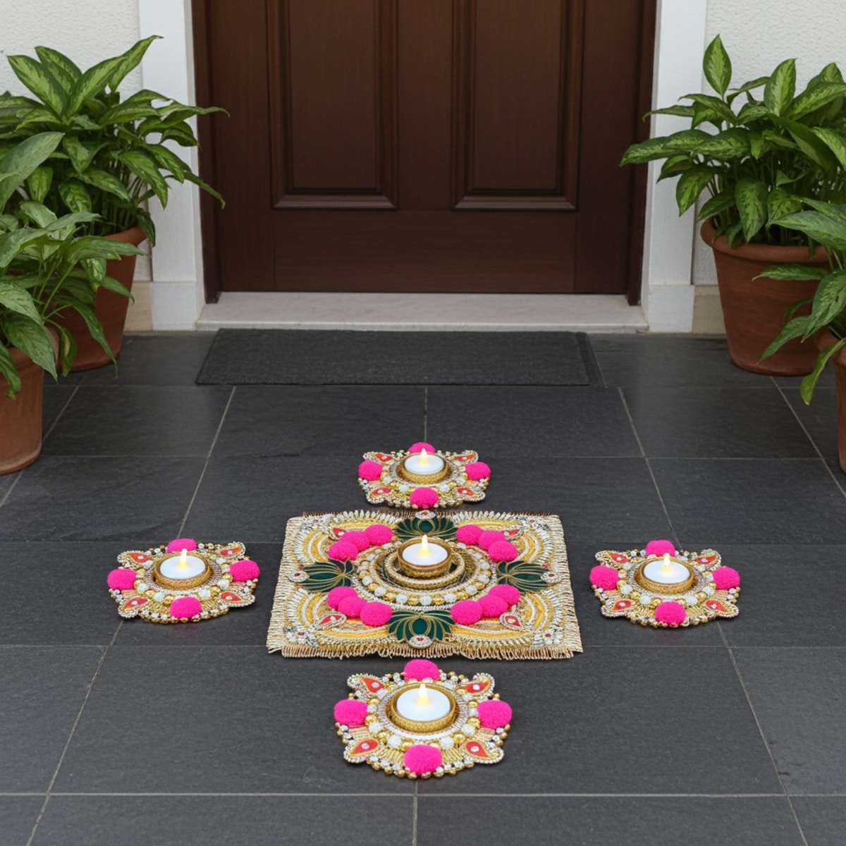 Handmade Diwali wooden Rangoli with Tealight Holders - Image 9