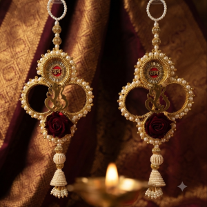 Shubh Labh Ganesh Door Hanging with maroon roses and pearl-style beads