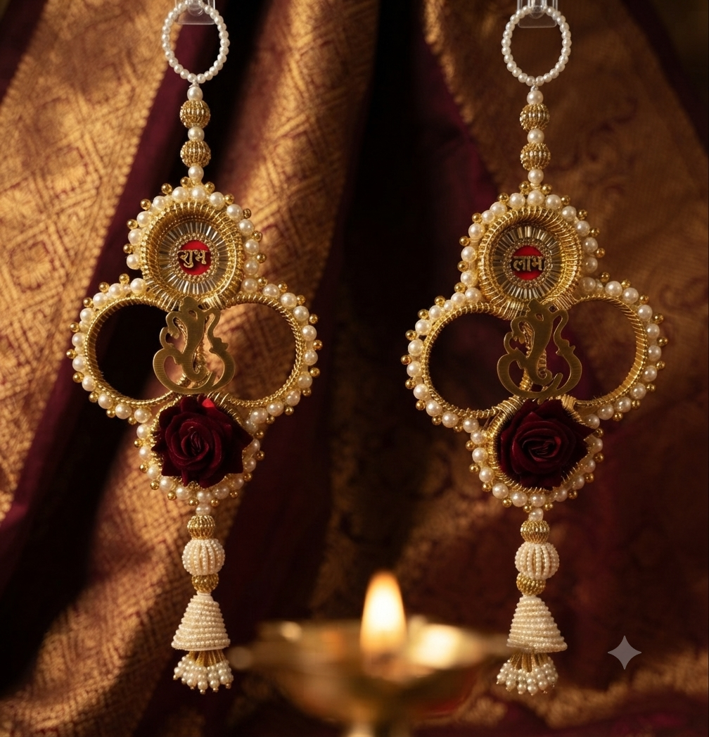 Shubh Labh Ganesh Door Hanging with maroon roses and pearl-style beads
