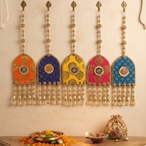 Indian Festive Wall Hanging set of 5 with blue fabric, gold beads and decorative pearl accents