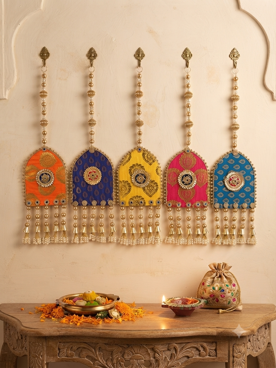 Indian Festive Wall Hanging set of 5 with blue fabric, gold beads and decorative pearl accents
