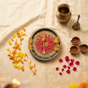 Decorative Aarti Thali Indian Puja and Tilak Plate with gold-toned detailing and pearl-style accents