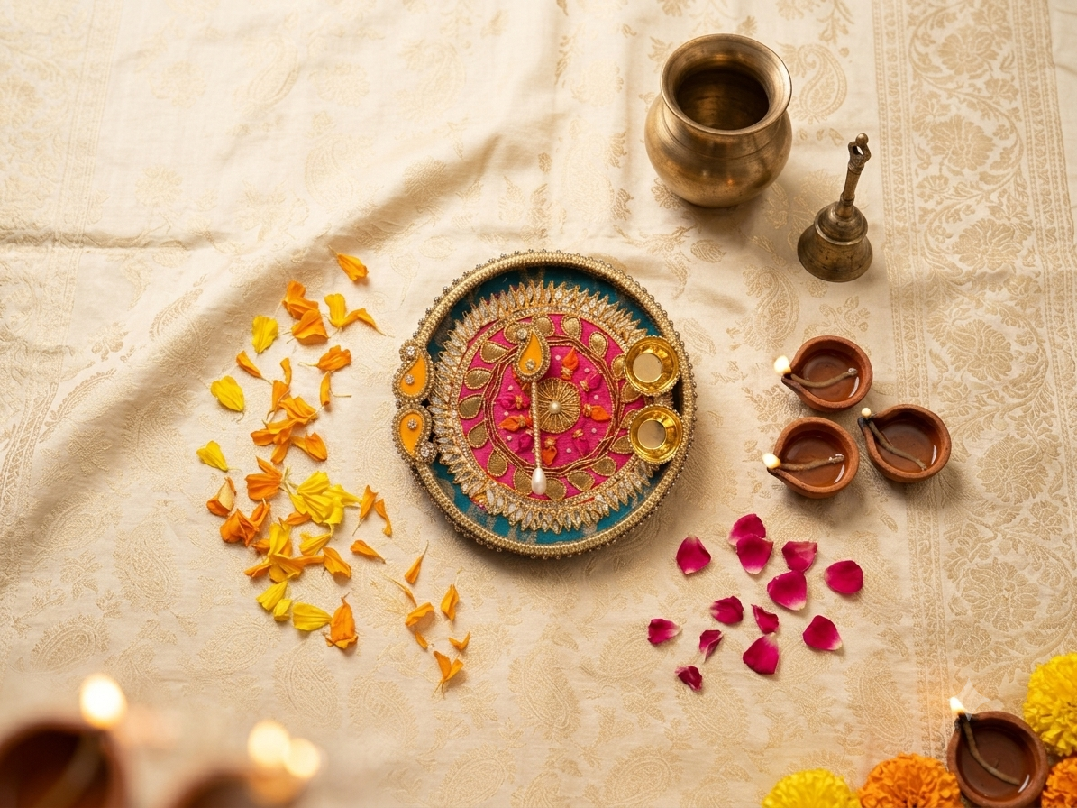 Decorative Aarti Thali Indian Puja and Tilak Plate with gold-toned detailing and pearl-style accents
