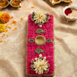 Festive Decorative Diya & Candle Holder with pink pom-pom and floral decor