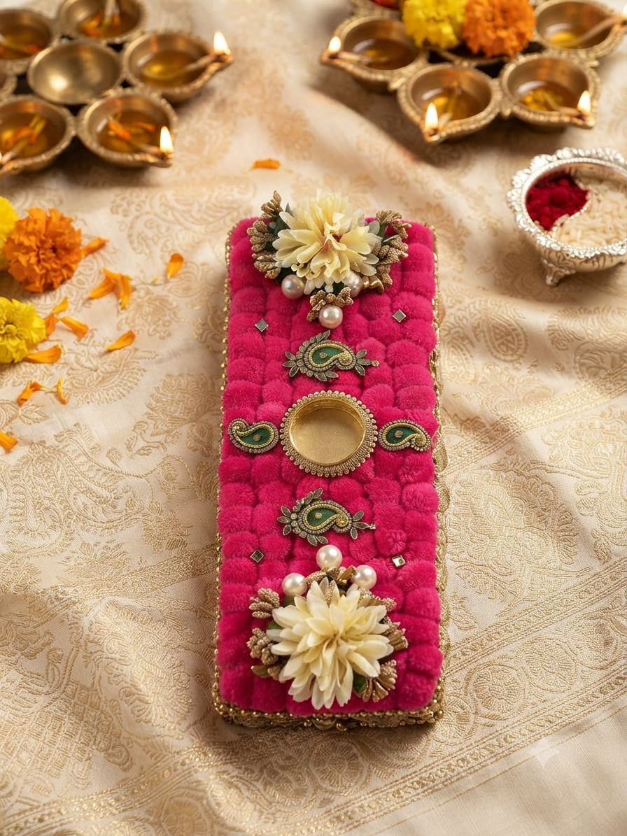 Festive Decorative Diya & Candle Holder with pink pom-pom and floral decor
