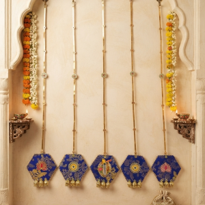 Indian Toran Wall Hanging set of 5 with blue fabric, gold beads and decorative pearl accents