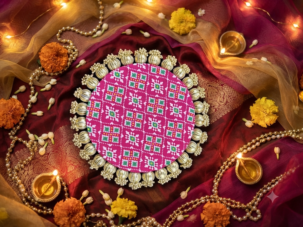 Patola Print Wooden Rangoli Platter - 10 inch - Image 4